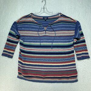 Chaps Women Large Lightweight Blue Multicolor 3/4 Sleeve Linen Blend Sweater